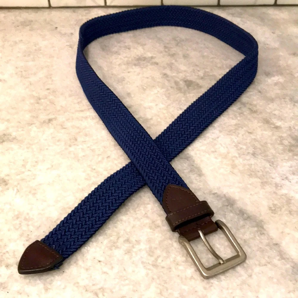 Tommy Bahama Woven Belt Mens‎ XL Blue Stretch Braided Leather Trim Silver Buckle